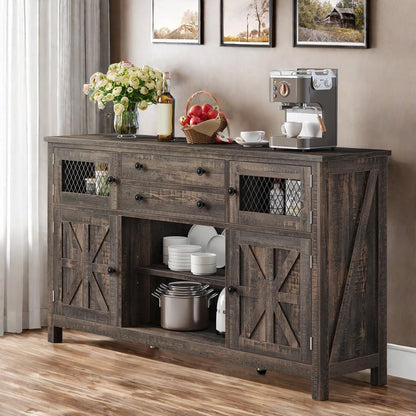 DWVO Farmhouse Buffet Cabinet with Storage, 59" Kitchen Coffee Bar Cabinet, 2 Large Drawers, Visual Grid Door, Storage Shelves, Storage Cabinet for Kitchen & Living Room, Dark Rustic Oak - WoodArtSupply