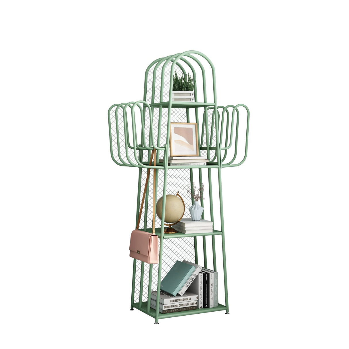DOORXIF 4-Tier Ladder Green Bookshelves Freestanding, Cactus Bookcase Storage Organizer Closet Corner Metal Display Cabinet, Corner Green Bookshelf for Small Spaces, Green Bookcase for Bedroom Office DOORXIFO