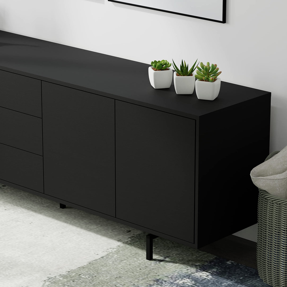 Glenwillow Home Atlas 78" x 28" Highboy Modern TV Stand Cabinet and Sideboard - Black Frame, Black Door/Drawers, Black Base Glenwillow Home