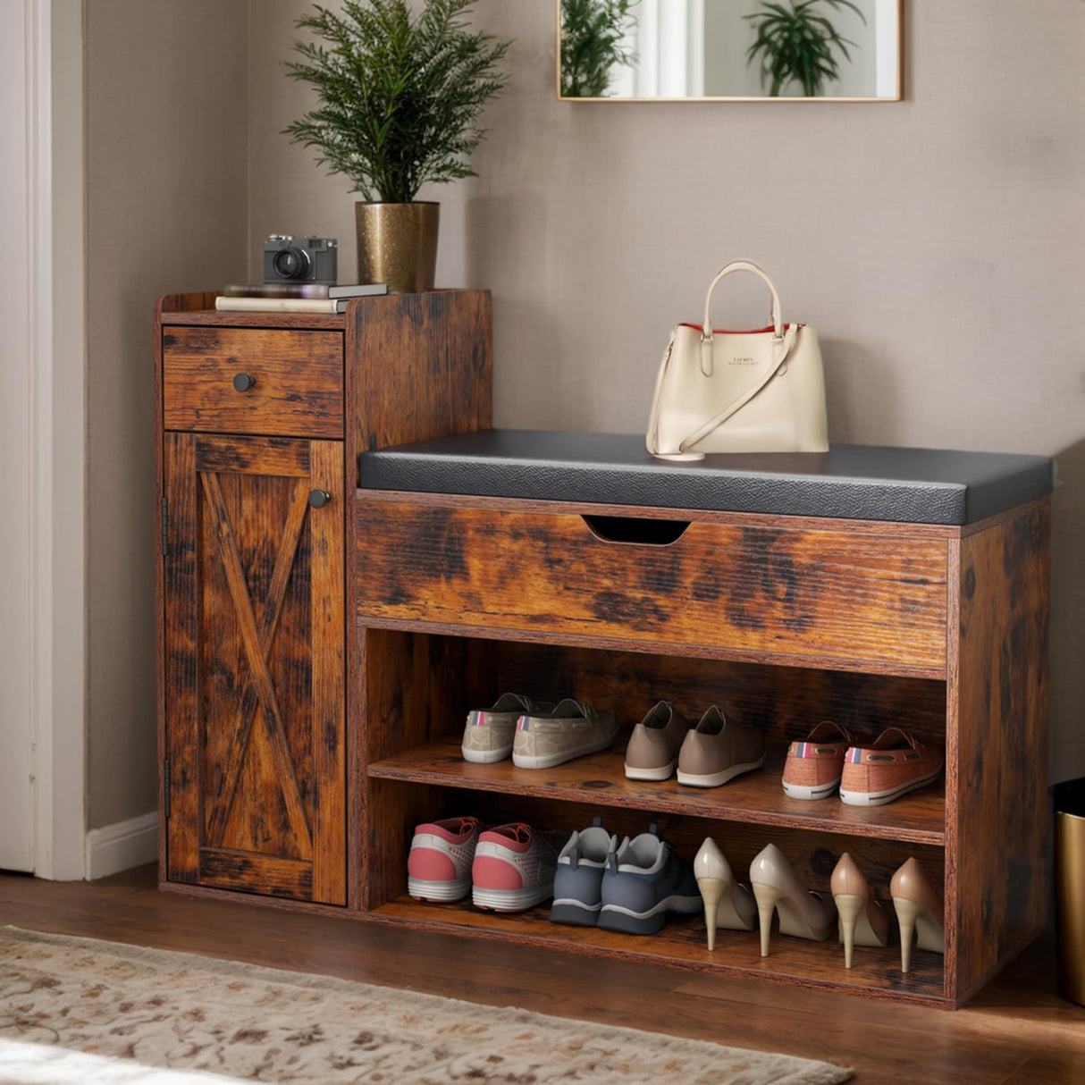 Gyfimoie Shoe Storage Bench, Farmhouse Entryway Bench with Drawer, 2-Tier Shoe Bench with Seat Cushion & Lift Top Storage Box, Slim Shoe Cabinet Bench for Entryway, Living Room, Bedroom (Rustic Brown) Gyfimoie