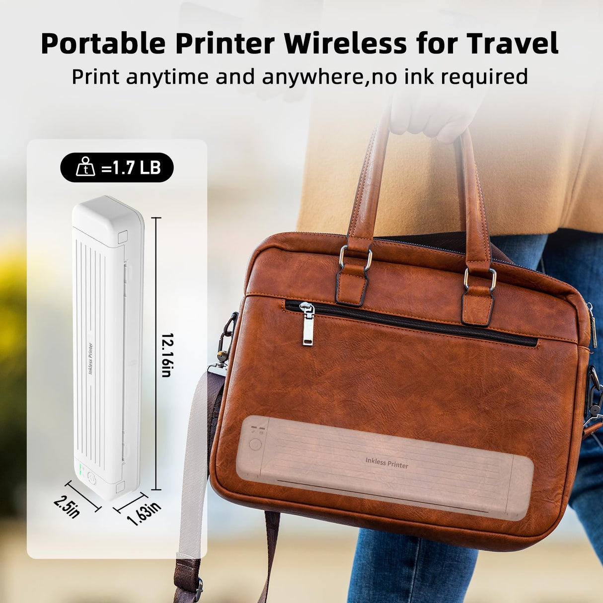 Portable Printer for iPhone iPad Laptop PC - Bluetooth Printer Supports Dual-sided Printing Letter/A4/B5/A5 Regular Paper, Wireless Printer for Home Travel Office Vehicle Word PDF Excel TxT 300DPI Zoolion