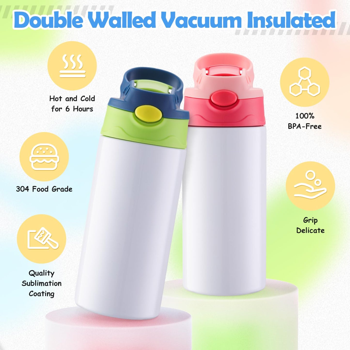 Guiqulai 12 oz Kids Sublimation Tumbler, 2 Pack Sublimation Sippy Cup Blank Stainless Steel Sublimation Blank Water Bottles, Double Wall Insulated Kids Tumbler for Travel,DIY Gift