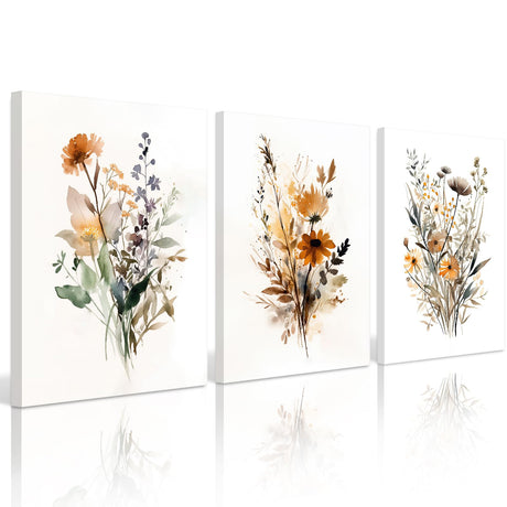 Botanical Wall Art Set of 3 Floral Wall Decor Prints Vintage Canvas Wall Art Wildflower Watercolor Pictures Farmhouse Artwork Floral Modern Painting for Bathroom Bedroom 16x24 Inch Framed Baccone