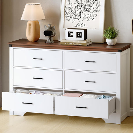 Farmhouse 6 drawer dresser for bedroom, 51" Wide chest of drawers, Wood white dresser with Metal Handle and Anti-Tipping Device, Storage Dressers Organizer for Bedroom, Living Room, Hallway, White Airynee