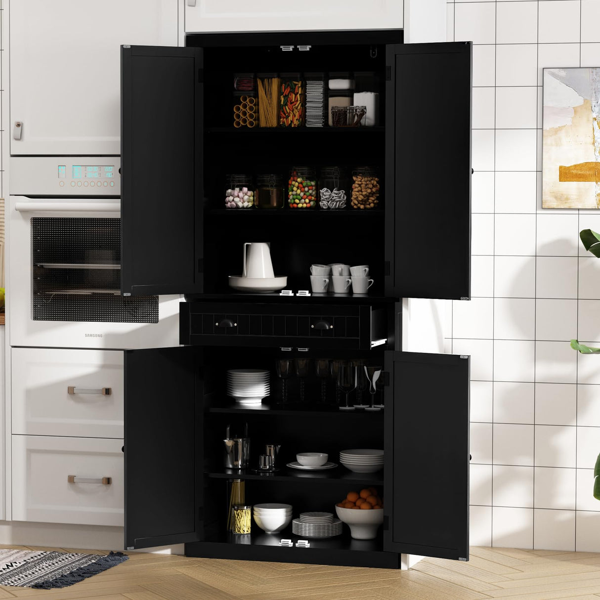 ARTPOWER Kitchen Pantry Storage Cabinet with Drawer and Adjustable Shelves, Pantry Cabinet for Kitchen, Bathroom or Hallway, Black ARTPOWER