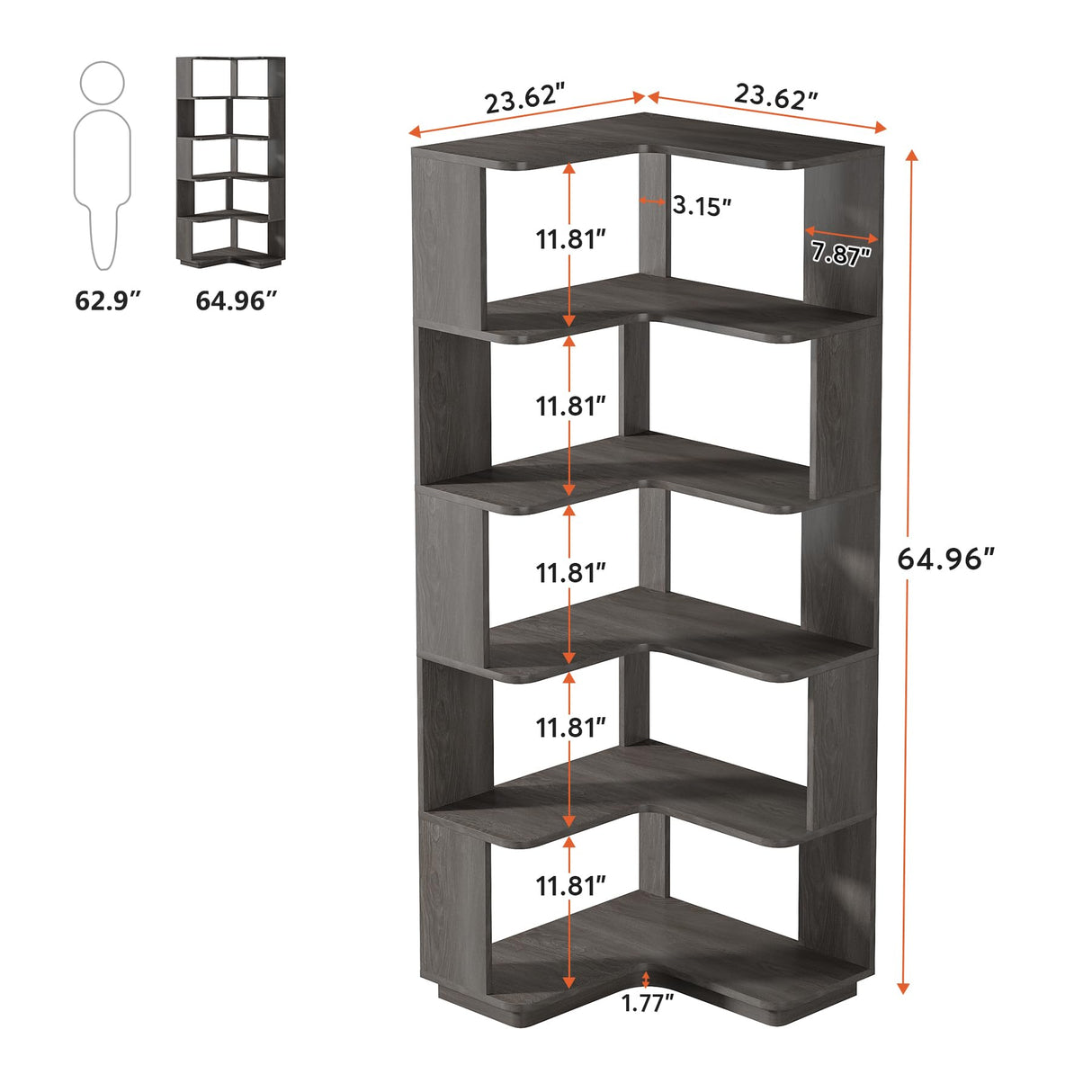 Tribesigns 6-Tier Corner Bookshelf, 64.9 Inch Tall Bookcase with Anti-Drop Panel, Industrial Freestanding Corner Shelf Display Rack Storage Organizer for Home Office, Living Room, Grey Tribesigns