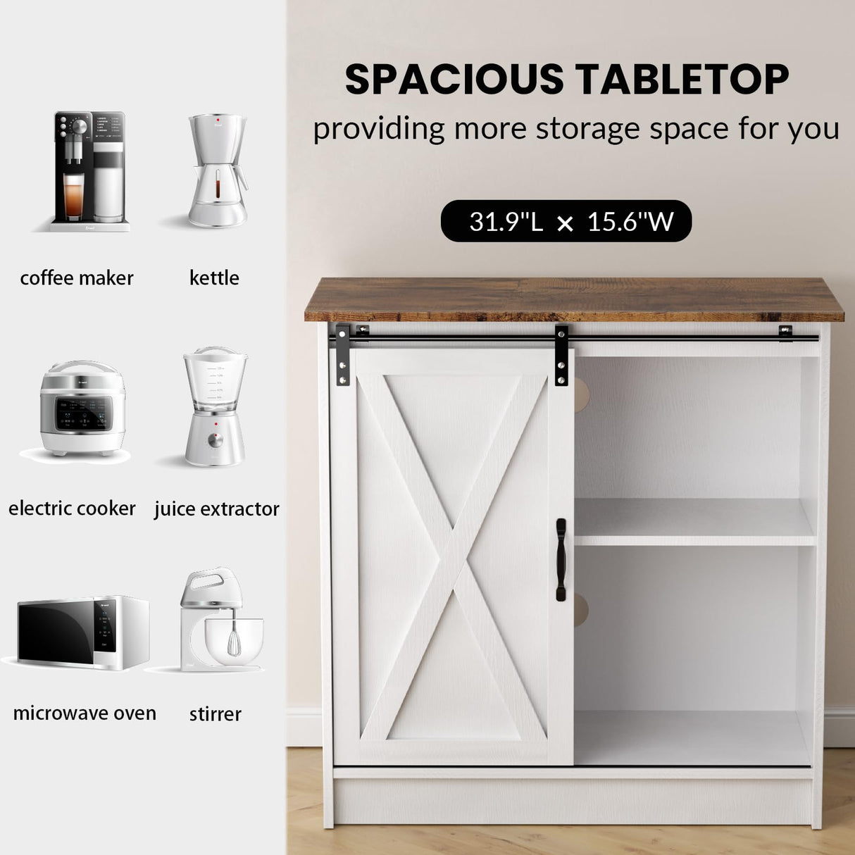 SOFTLYNICE White Coffee Bar Cabinet with Storage, Farmhouse Coffee Bar Cabinet, Coffee Bar Table with Sliding Barn Door, Suitable for Kitchen, Dining Room and Living Room SOFTLYNICE