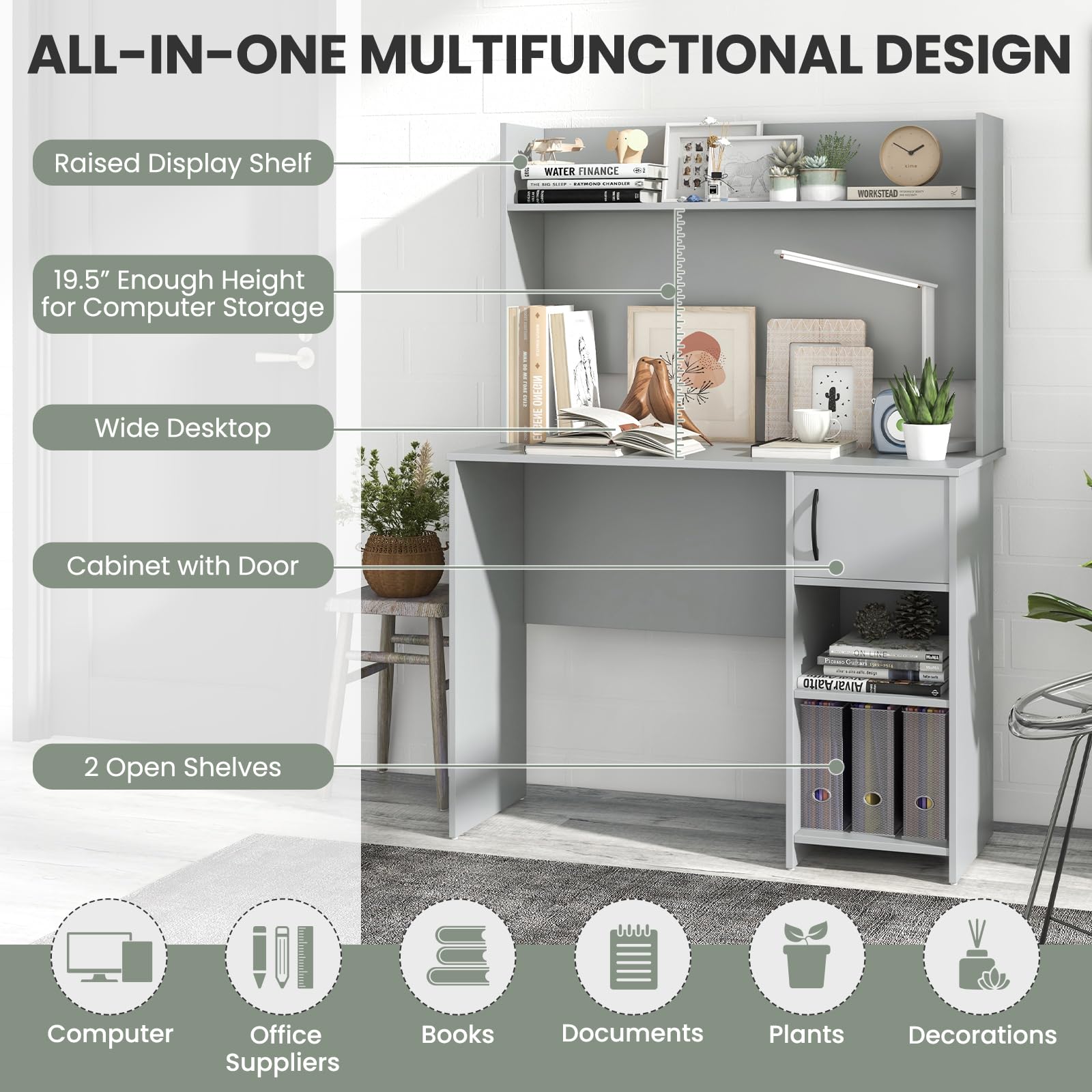 Tangkula Computer Desk with Hutch, Home Office Desk with Raised Display Shelf & 2 Open Shelves, Cabinet with Door, Cable Management Holes, Modern Laptop PC Desk, Study Writing Desk for Bedroo - WoodArtSupply