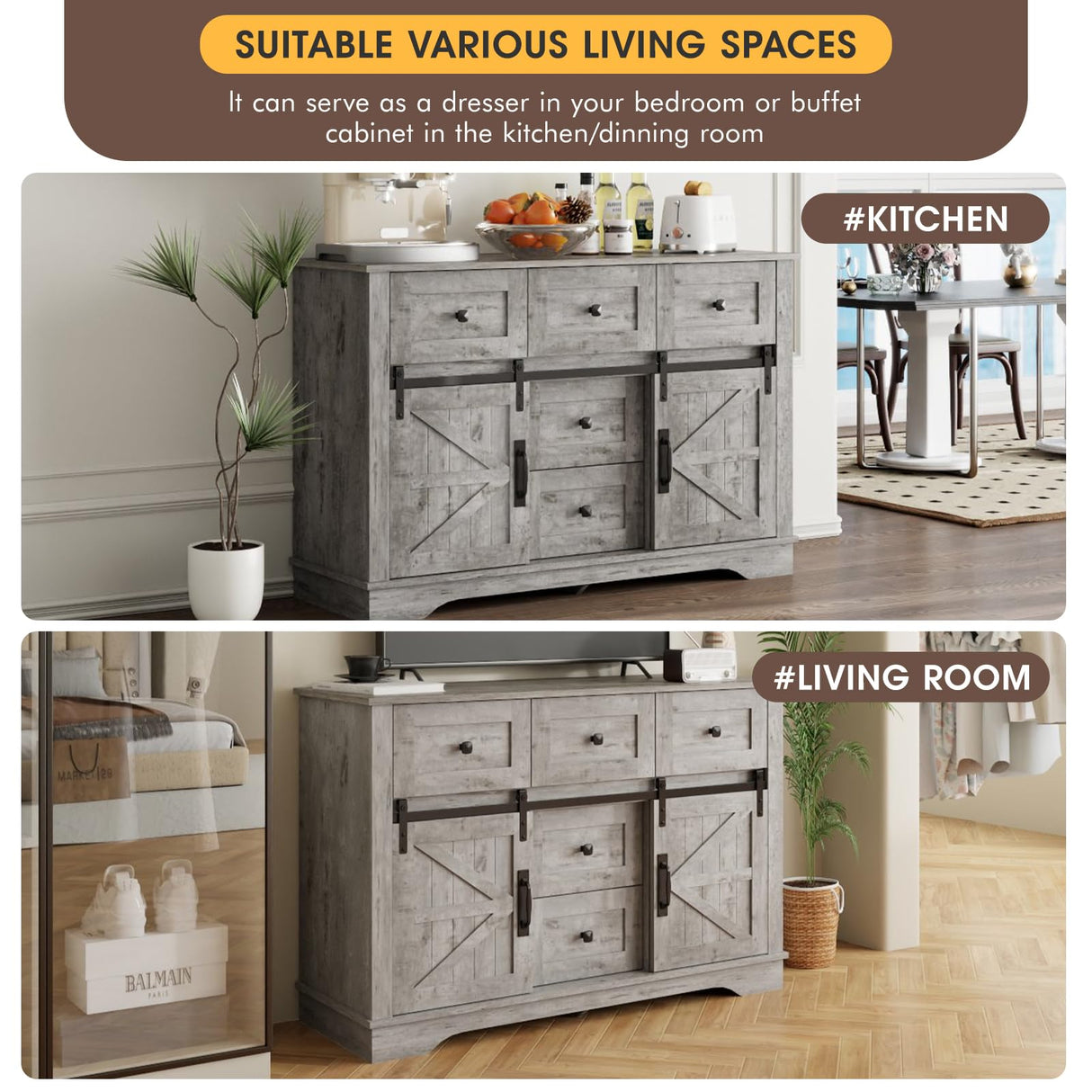 Vabches Farmhouse Sideboard Buffet Cabinet with Storage, Large Kitchen Sideboard Cabinet, Sliding Barn Doors and 5 Drawers, Adjustable Shelves, Coffee Bar Table for Dining Room, Light Rustic Oak Vabches