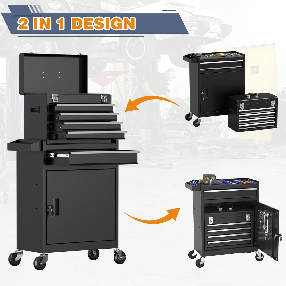 Tool Chest, 5-Drawer Rolling Tool Chest with Detachable Top Tool Box, Tool Box with Wheels, Metal Tool Cart for Garage Warehouse Workshop (Black) Xalvora