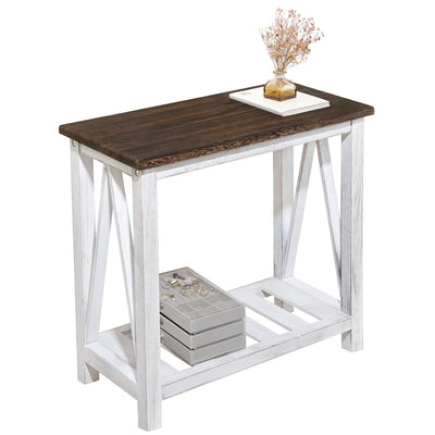 FEUFOAM Farmhouse End Table Narrow Side Table Living Room Slim End Tables with Storage Shelf 2 Tier Nightstand for Bedroom Hallway Dormitory, Rustic Brown and White