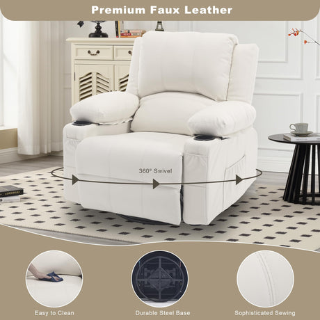 Massage Swivel Rocker Recliner with Lumbar Heat, Overstuffed PU Leather Recliners for Living Room, Modern Single Rocking Chair for Adults, Manual Rocker Recliner with Cup Holders for Bedroom, White Comermax