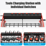 CCCEI Red Power Tool Organizer Wall Mount, Large Tools and Battery Storage Rack Charging Station Individual Switches. Drills Holder, Garage Utility Shelves with 6FT Power Strip. Gift for Men. CCCEI