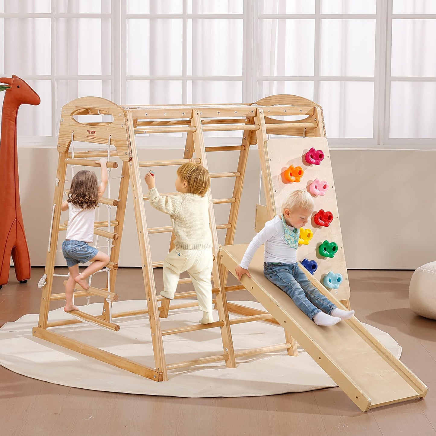 VEVOR Large Size Indoor Jungle Gym, 7-in-1 Toddler Indoor Playground, Wooden Toddler Climbing Toys with Wood & Rope Ladder, Net Ladder, Swing, Monkey Bar, Slide, Climbing Wall, 47.2 x 58 x 56in