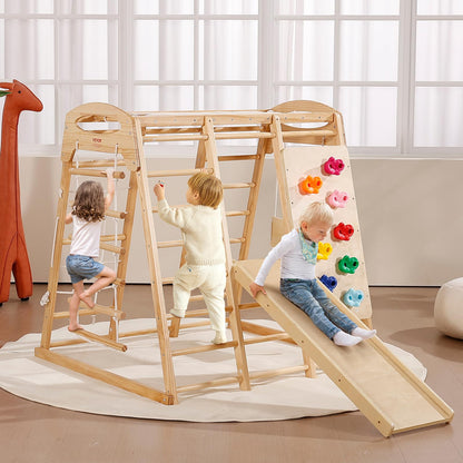 VEVOR Large Size Indoor Jungle Gym, 7-in-1 Toddler Indoor Playground, Wooden Toddler Climbing Toys with Wood & Rope Ladder, Net Ladder, Swing, Monkey Bar, Slide, Climbing Wall, 47.2 x 58 x 56in