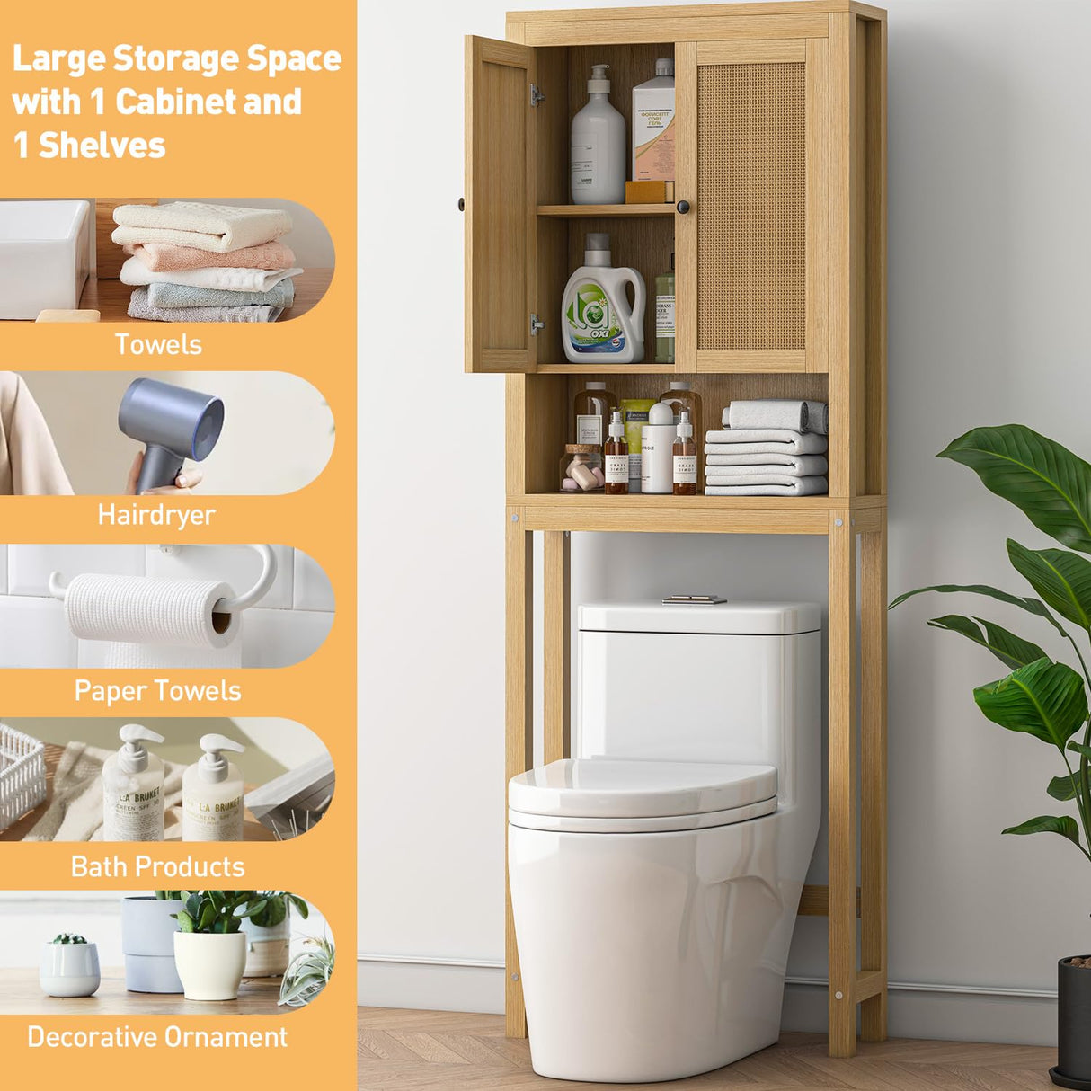 Rattan Over The Toilet Storage Cabinet – Chic Bathroom Organiser with Adjustable Shelf and Space-Saving Design knoworld