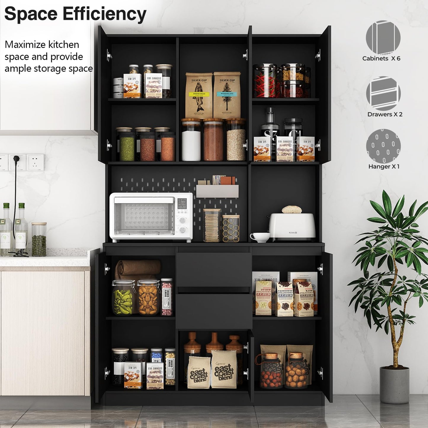 Tatub 74” Tall Pantry Cabinet with Power Outlet, Kitchen Hutch with Storage & Microwave Oven Countertop, Black Kitchen Pantry Storage Cabinet with 6 Doors and 3 Adjustable Shelves & 2 Drawers - WoodArtSupply