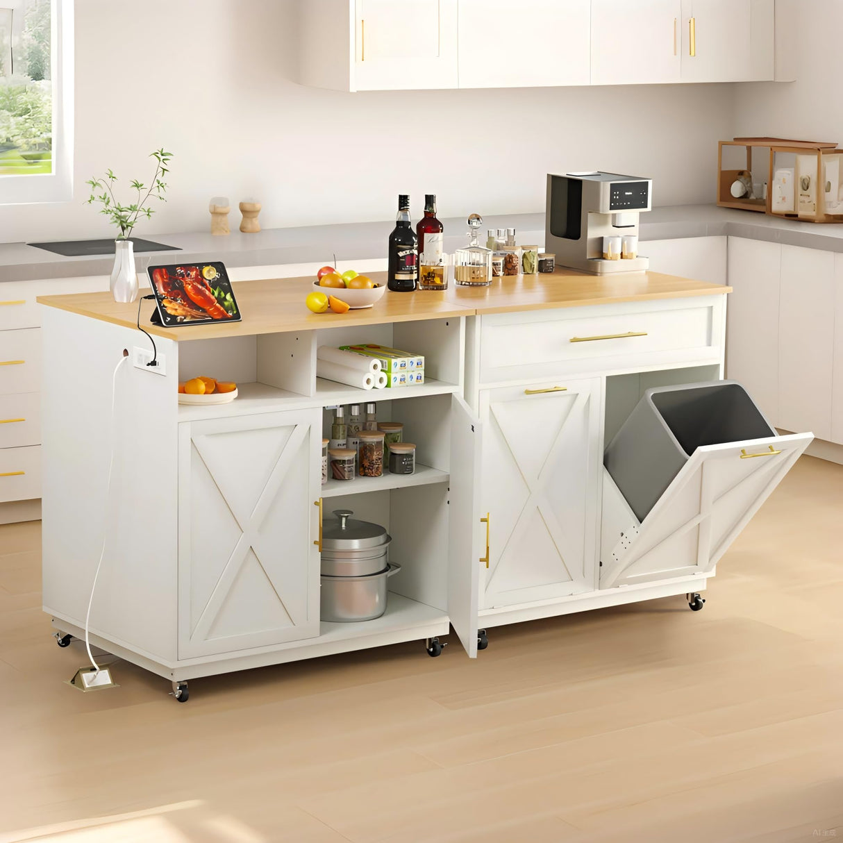 DWVO Kitchen Island with Power Outlet, 40 inch Rolling Island Table with Trash Can Cabinet fits Double 10-Gallon Bin, Square Mobile Storage Islands with Tilt Out Garbage Bin Cabinet, White Oak DWVO