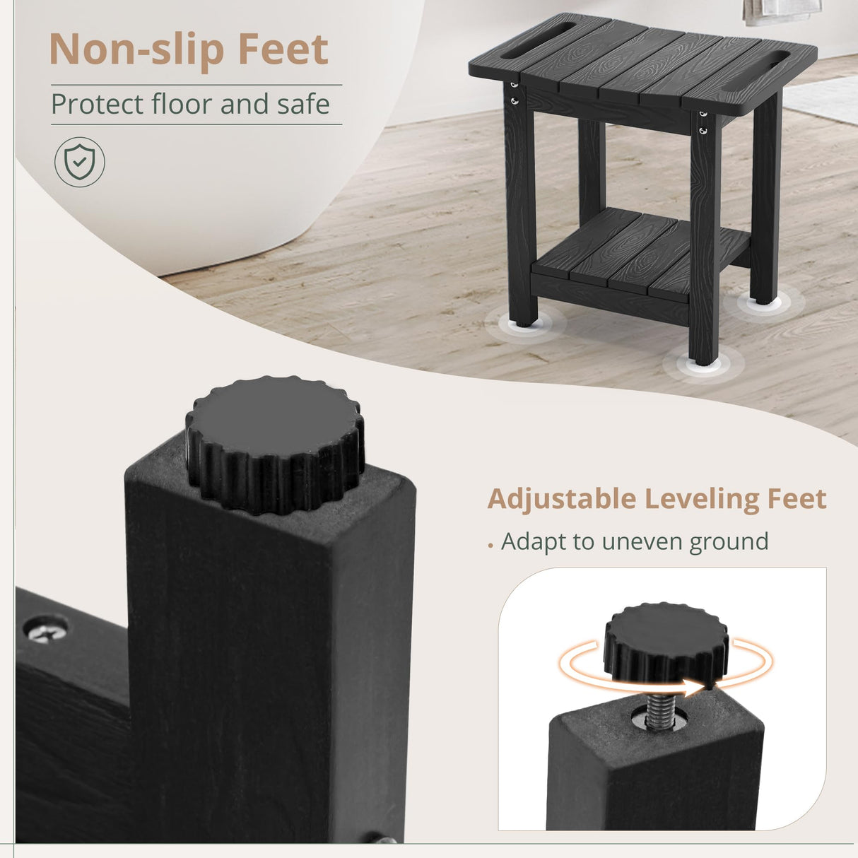 LUE BONA HDPS Shower Benches for Inside Shower, Black Shower Stool for Shaving Legs with Shelf, Waterproof Shower Chair Seat for Spa Bathroom, Weather Resistant/Non-Slip/Handles/Indoor or Outdoor Use LUE BONA