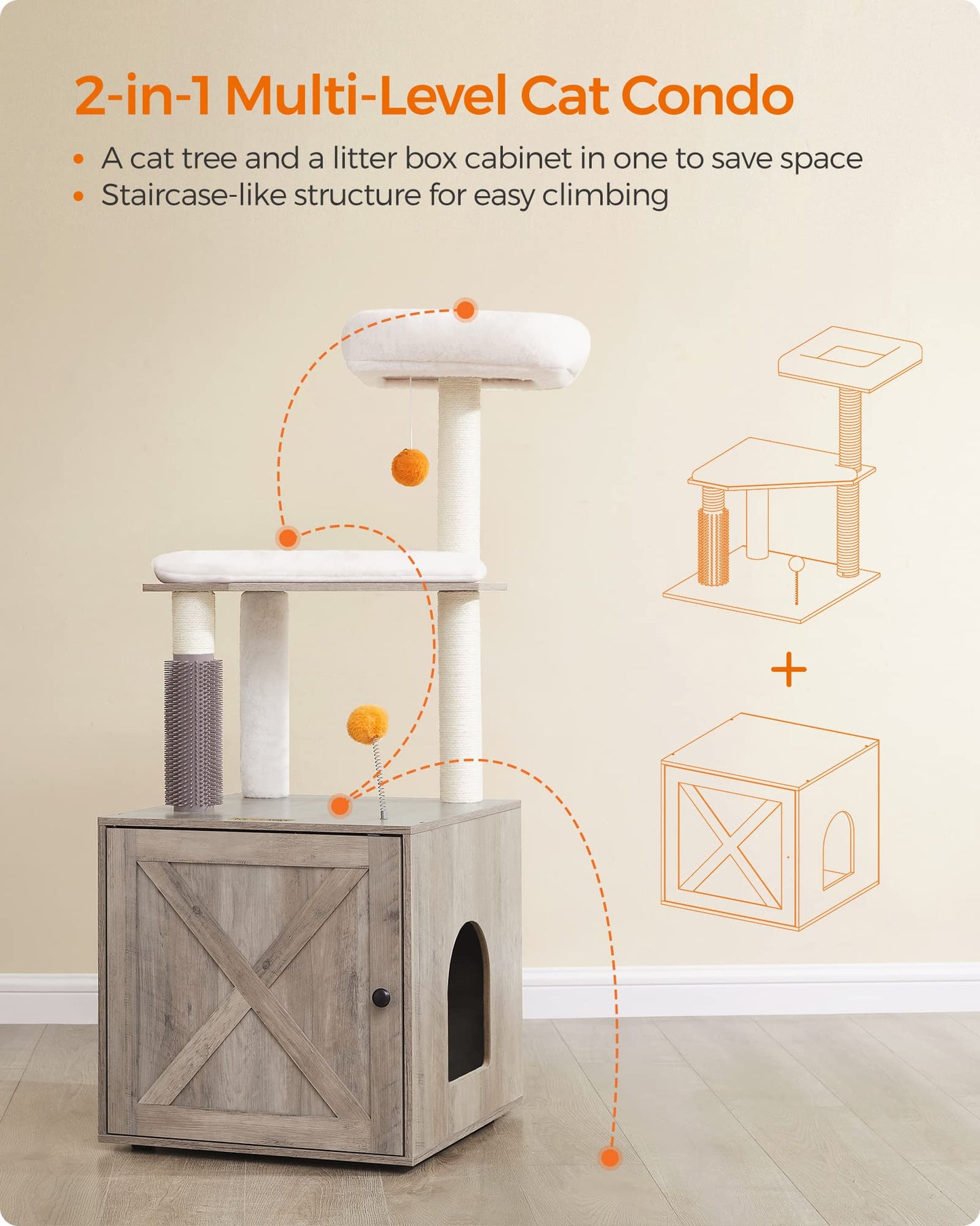 Feandrea Cat Tree with Litter Box Enclosure, 2-in-1 Modern Cat Tower, 52.8-Inch Cat Condo with Self Groomer, Scratching Posts, Washable Cushions, Greige UPCT115G01