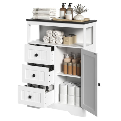 HOOBRO 28.3" Bathroom Storage Cabinet, Large Floor Cabinet, Freestanding Bathroom Storage Unit, 1 Cupboard and 3 Drawers, Adjustable Shelf, 28.3" L x 11.8" W x 37.8" H, White and Black