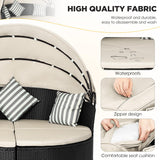 Outdoor Round Daybed Patio Bed Wicker Patio Furniture Outdoor Day Bed with Retractable Canopy Rattan Separated Seating Khaki Washable Cushioned and Three Pillow for Patio Backyard Porch Pool PayLessHere