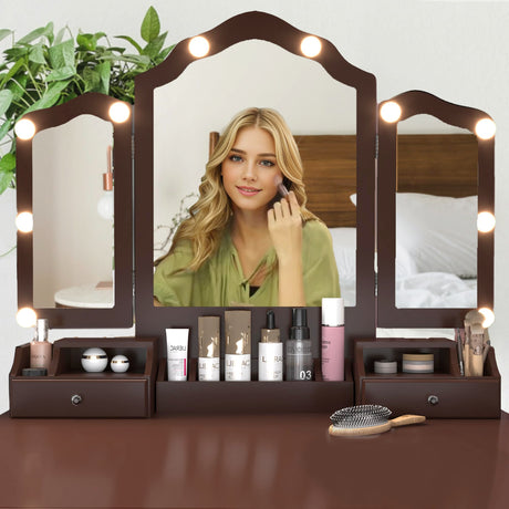 NEDYO Vanity Table, Vintage Vanity Desk with Mirror and Lights, Tri-Fold Mirror Small Makeup Vanity with Chair, Vanity Set for Bedroom and Small Spaces. Terracotta NEDYO