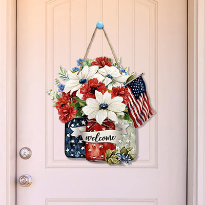 Spiareal 4th of July Welcome Door Decoration Farmhouse Patriotic Wooden Sign Rustic Independence Day Wood Wreaths Red White Blue Wall Decor American Flag Hanging Sign for Front Door Decorations