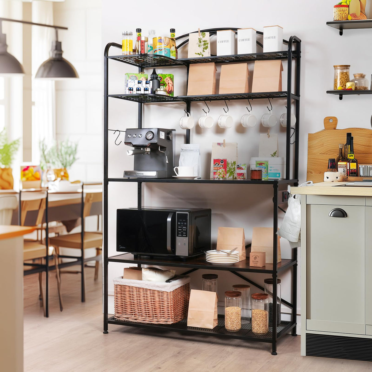 Home Limpidity Large Bakers Rack for Kitchen, 40-inch Wide Coffee Bar Station with Power Outlet, 5 Tier Microwave Stand Storage Shelf with S-Shaped Hooks, Metal Frame with Brown Wood Tabletop Home Limpidity