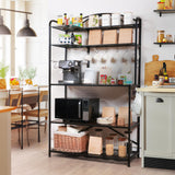 Home Limpidity Large Bakers Rack for Kitchen, 40-inch Wide Coffee Bar Station with Power Outlet, 5 Tier Microwave Stand Storage Shelf with S-Shaped Hooks, Metal Frame with Brown Wood Tabletop Home Limpidity