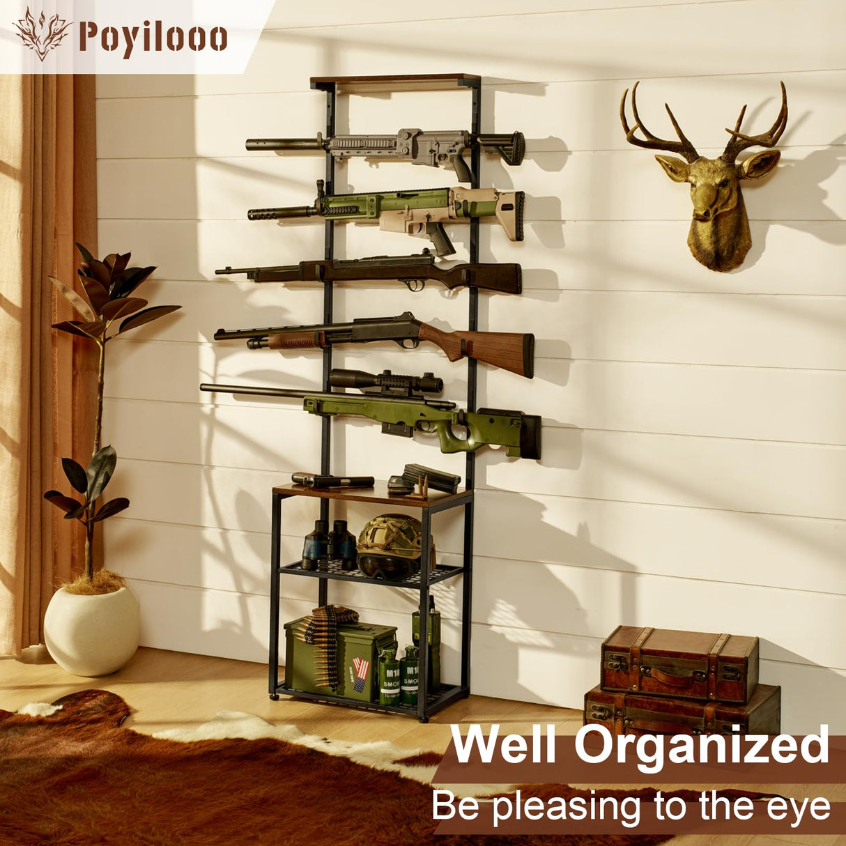 Poyilooo Gun Rack, Floor Rifle Rack Holds up 5 Guns, Indoor Gun Rack for Wall Gun Display Stand Gun Gun Storage Organizer Rifle Holder Hunting Gun Shelf (Large-19.7 L*12.6 W*71 H in) Poyilooo