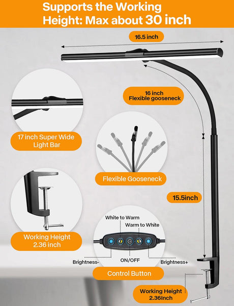 ACNCTOP Desk Lamp for Office Home - Eye-Caring Architect Task Lamp 25 Lighting Modes Adjustable LED Desk Lamp Flexible Gooseneck Clamp Light for Workbench Drafting Reading Study ACNCTOP