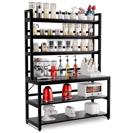 Aquzee Large Bakers Rack for Kitchens, 47in Wide (47.2“W x 15.7”D x 70.8" H) 6 Tiers Kitchen Stand with Hutch & Storage, Black Freestanding Tall Bakers Racks Organizer with Shelves Aquzee
