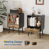 Semiocthome Record Player Stand with Nesting Vinyl Storage Crate, Record Player Table with a Drawer and Solid Wood Legs, Side End Table for Turntables for Living Room Bedroom Semiocthome