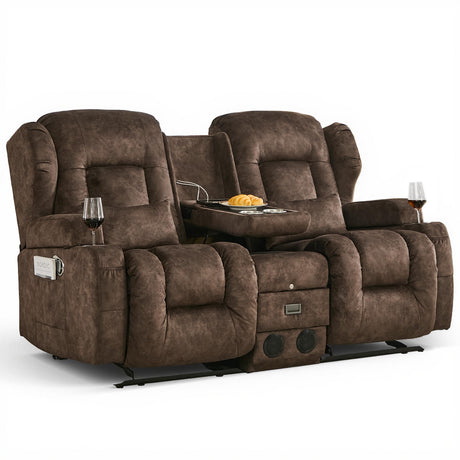 URRED Loveseat Rocker Recliner Sofa with Console, Manual Reclining Loveseat RV Couch Double Rocking Chair Nursery with Cup Holders, Side Pocket, Bluetooth Speaker, USB, Outlets (Brown) URRED