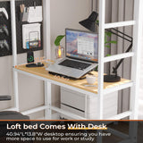 DICTAC Loft Bed Twin Size with Desk and Charging Station Metal Loft Bed with Led Lights,Storage Shelves and Drawers Twin Size Bed with Clothes Rail,Safety Guard & Ladder,No Box Spring Needed,White DICTAC