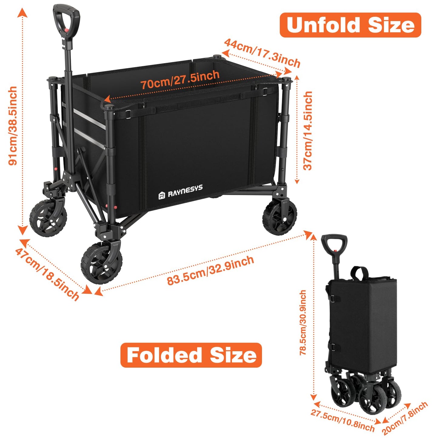 Raynesys 3 in 1 Collapsible Wagon Converts to Bench, 220lbs Foldable Wagon Cart with Wheels, 120L Shopping Cart for Groceries Folding Utility Wagon for Beach, Garden, Camping, Sport, Black - WoodArtSupply