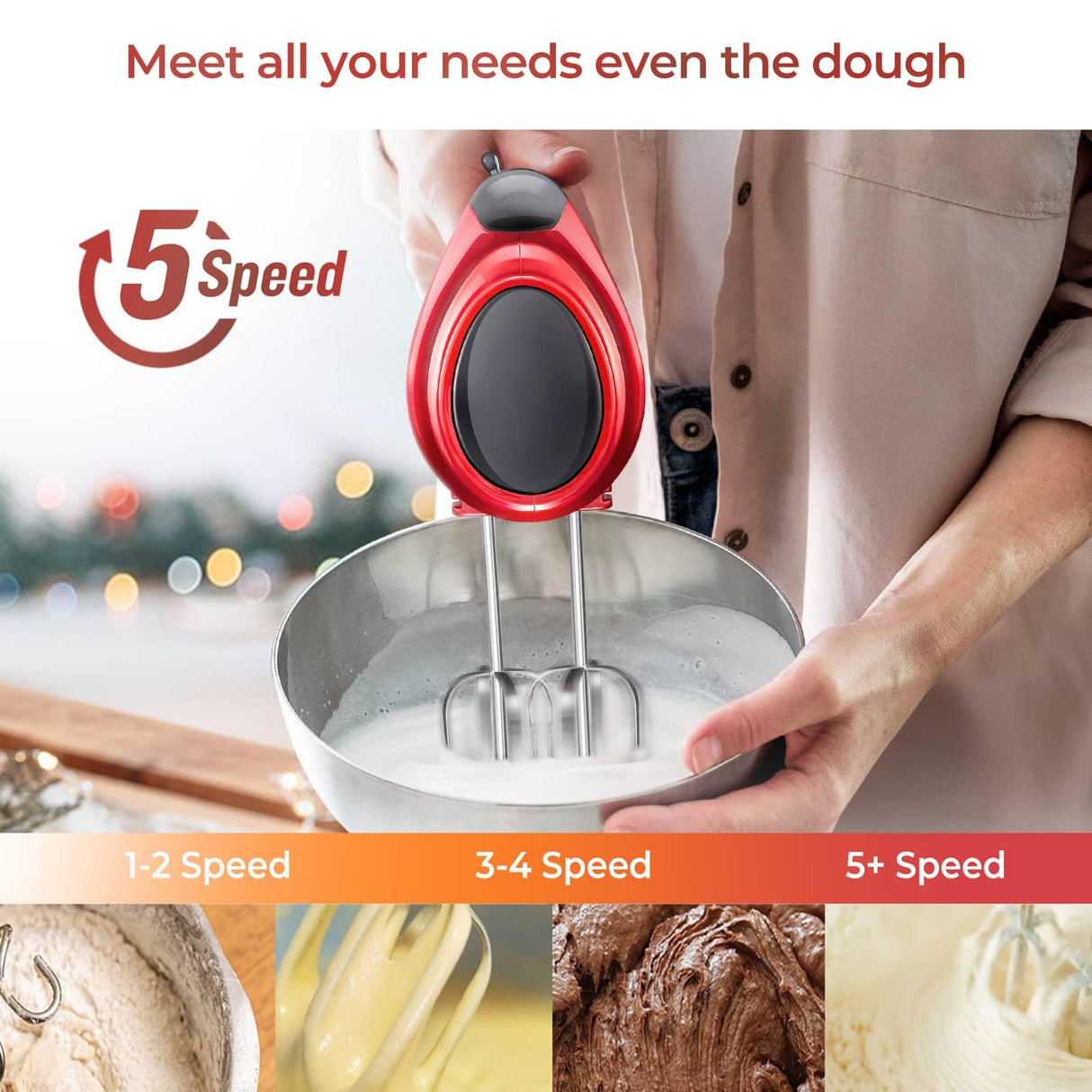 Kestreln Hand Mixer Electric Handheld with Flat Bottom, Portable Mixer for Kitchen Baking Cake, Powerful Mixing for Thicker Doughs with dough hooks Kestreln