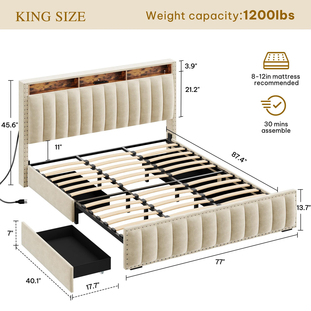 DWVO King Size Bed Frame with 4 Storage Drawers and RGB LED Lights, Velvet Upholstered Platform Bed with Charging Station and Storage Headboard, No Box Spring Needed, Noise-Free, Easy Assembly, Beige DWVO