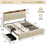DWVO King Size Bed Frame with 4 Storage Drawers and RGB LED Lights, Velvet Upholstered Platform Bed with Charging Station and Storage Headboard, No Box Spring Needed, Noise-Free, Easy Assembly, Beige DWVO