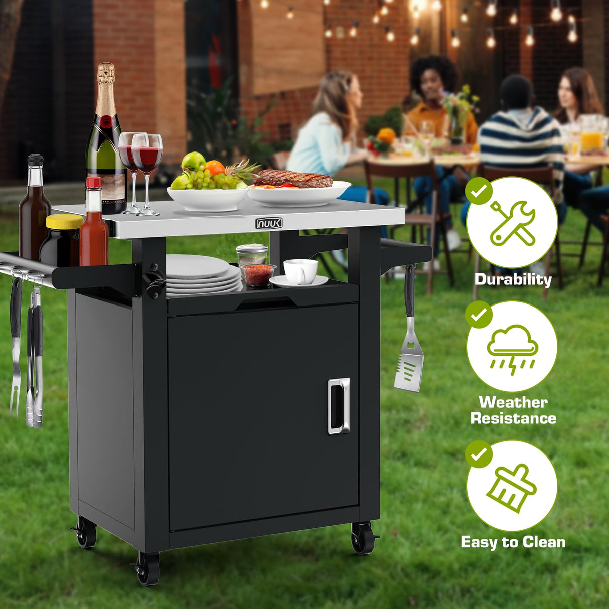NUUK Grill Carts Outdoor with Enclosed Cabinet and Storage Drawer, Portable Patio Bar Cart with Wheels Stainless Steel Kitchen Storage Island 20" x 30" Rolling Prep Station for BBQ, Deck, Backyard NUUK