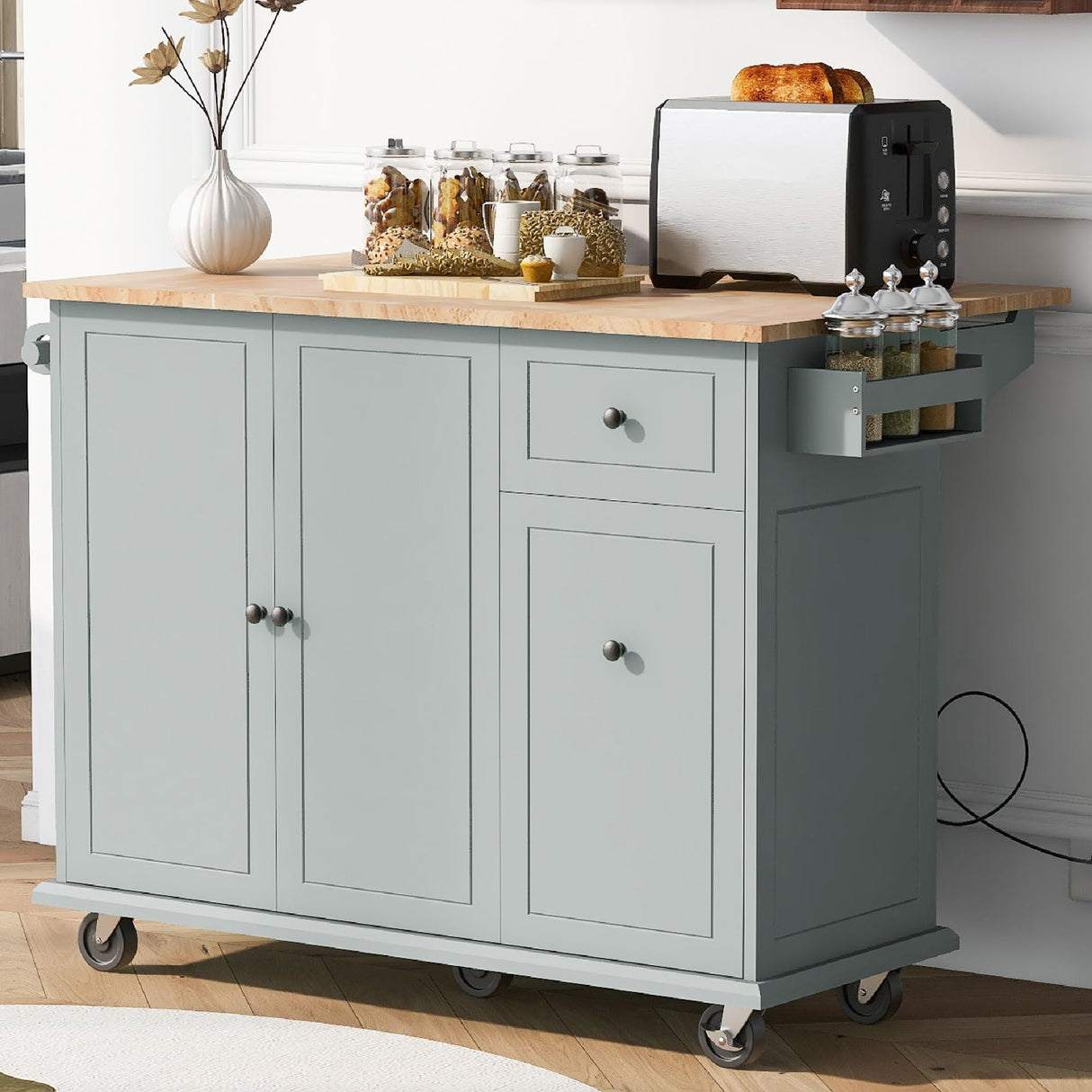 Merax Rolling Kitchen Island Cart on Wheels, Modern Kitchen Storage Cabinet with Drop Leaf & Big Drawers, Portable Island Table with Tower Rack for Dining Living Room, 28" Wide Countertop, Blue Merax