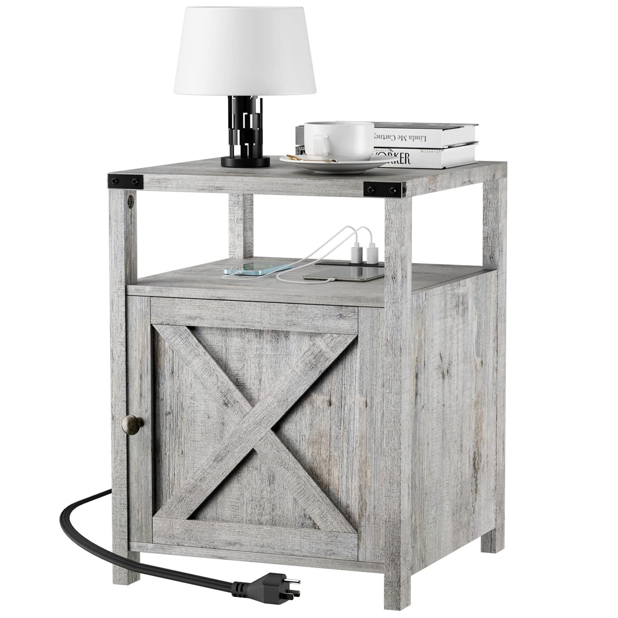 HOSEOKA Farmhouse Nightstand with Charging Station, Grayish White End Table Bedroom with Storage Living Room Side Table Beige Night Stand Industrial Bedside Bed Table with USB Ports and Outlets HOSEOKA