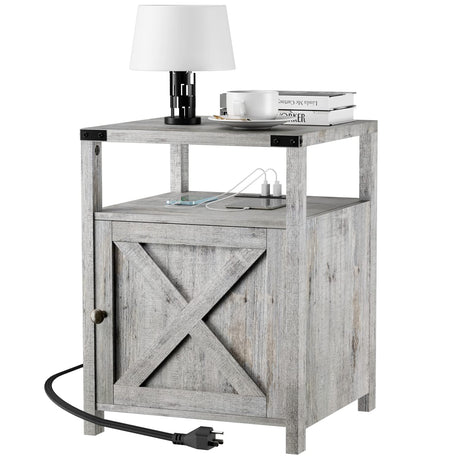 HOSEOKA Farmhouse Nightstand with Charging Station, Grayish White End Table Bedroom with Storage Living Room Side Table Beige Night Stand Industrial Bedside Bed Table with USB Ports and Outlets HOSEOKA