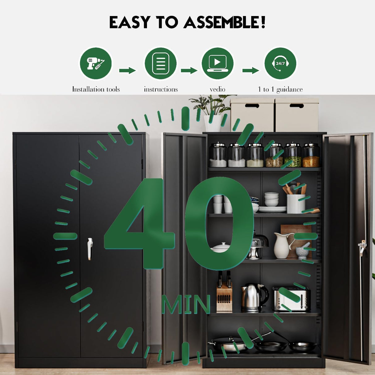 Greenvelly Metal Garage Storage Cabinet with Doors and Adjustable Shelves,72" Black Steel Lockable File Cabinet, Metal Tool Cabinets,Locking for Home Office,Garage,School(16" D x 32" W) Greenvelly