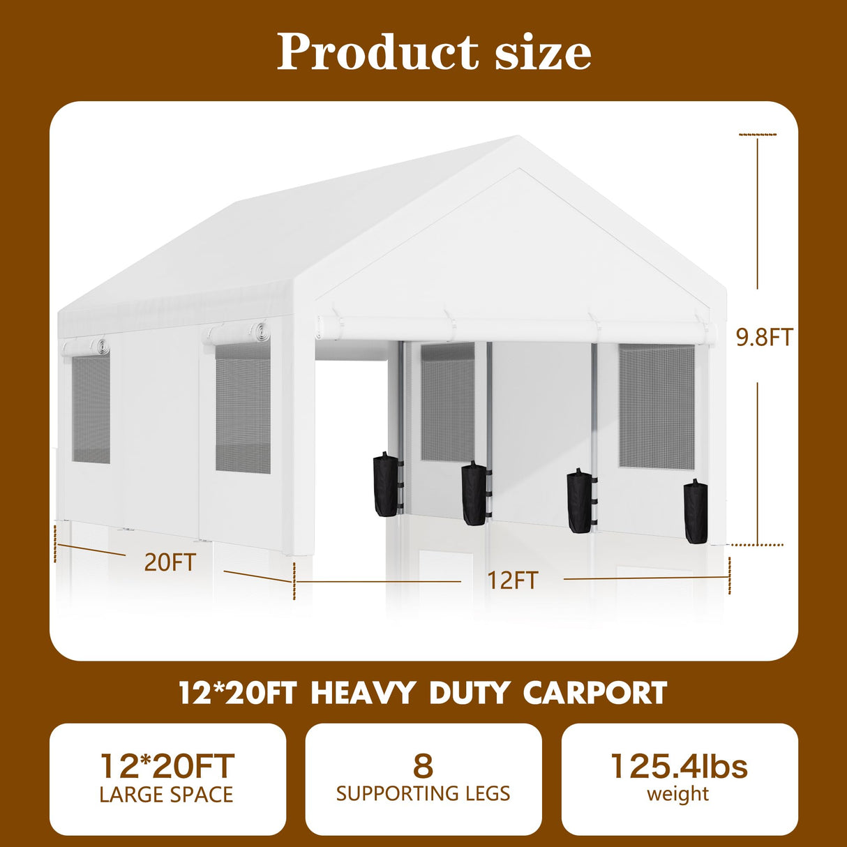 Nuturelly 12x20 FT Carport, Heavy Duty Carport Canopy with Roll-up Windows, Portable Garage with Removable Sidewalls & Doors, Car Canopy with All-Season PE Tarp for Car, Truck, Boat(White) Nuturelly
