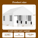 Nuturelly 12x20 FT Carport, Heavy Duty Carport Canopy with Roll-up Windows, Portable Garage with Removable Sidewalls & Doors, Car Canopy with All-Season PE Tarp for Car, Truck, Boat(White) Nuturelly