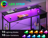 AODK Gaming Desk with LED Lights & Power Outlet, 55 Inch Computer Desk with Drawer, Reversible Desk with Adjustable Monitor Shelf & Headphone Hook for Home Office, Black AODK