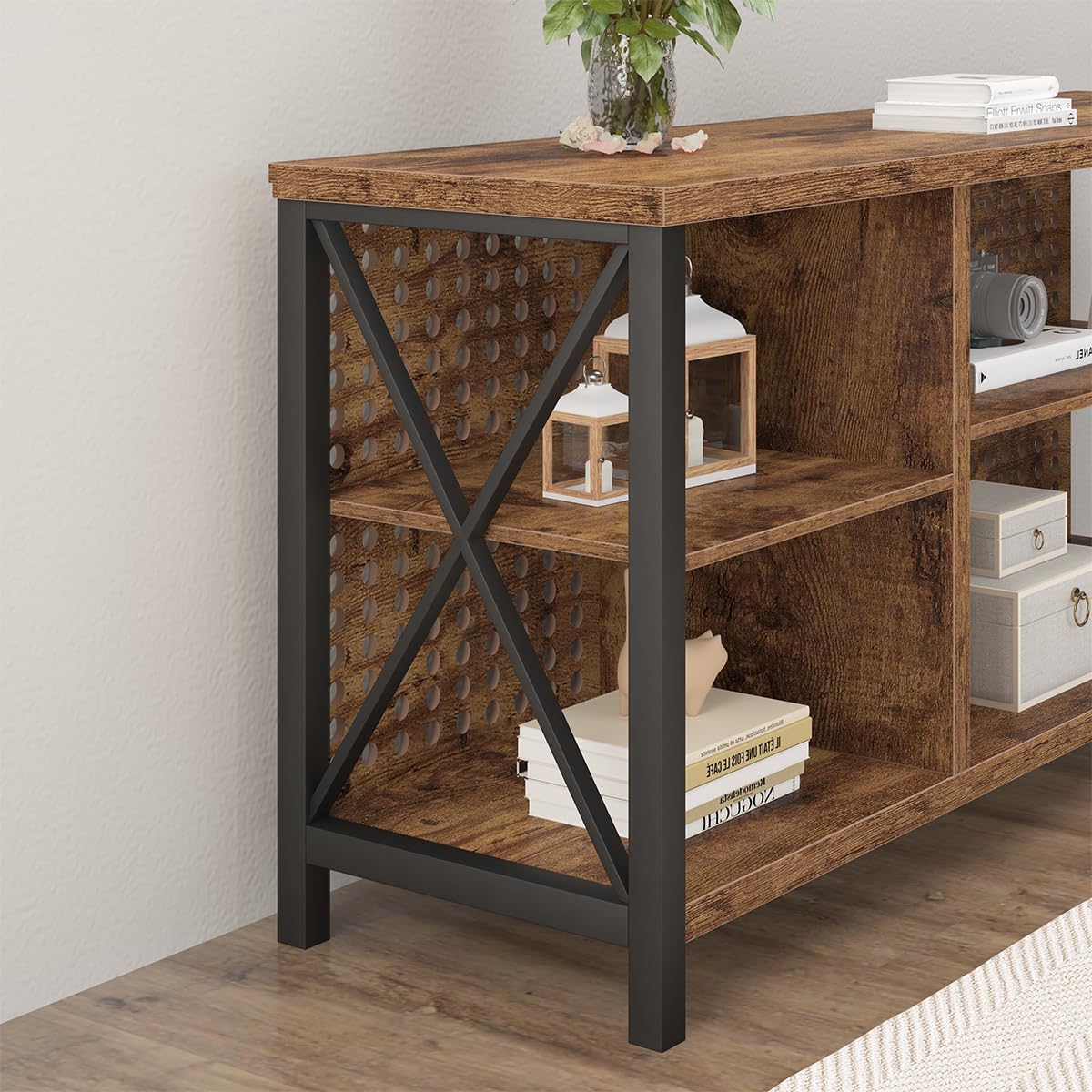 LVB TV Stand for 75 Inch TV, Industrial Wood and Metal Entertainment Center with Storage Shelf, Modern Television Media Console Table with Cabinet for Living Room Bedroom, Rustic Brown, 63in LVB