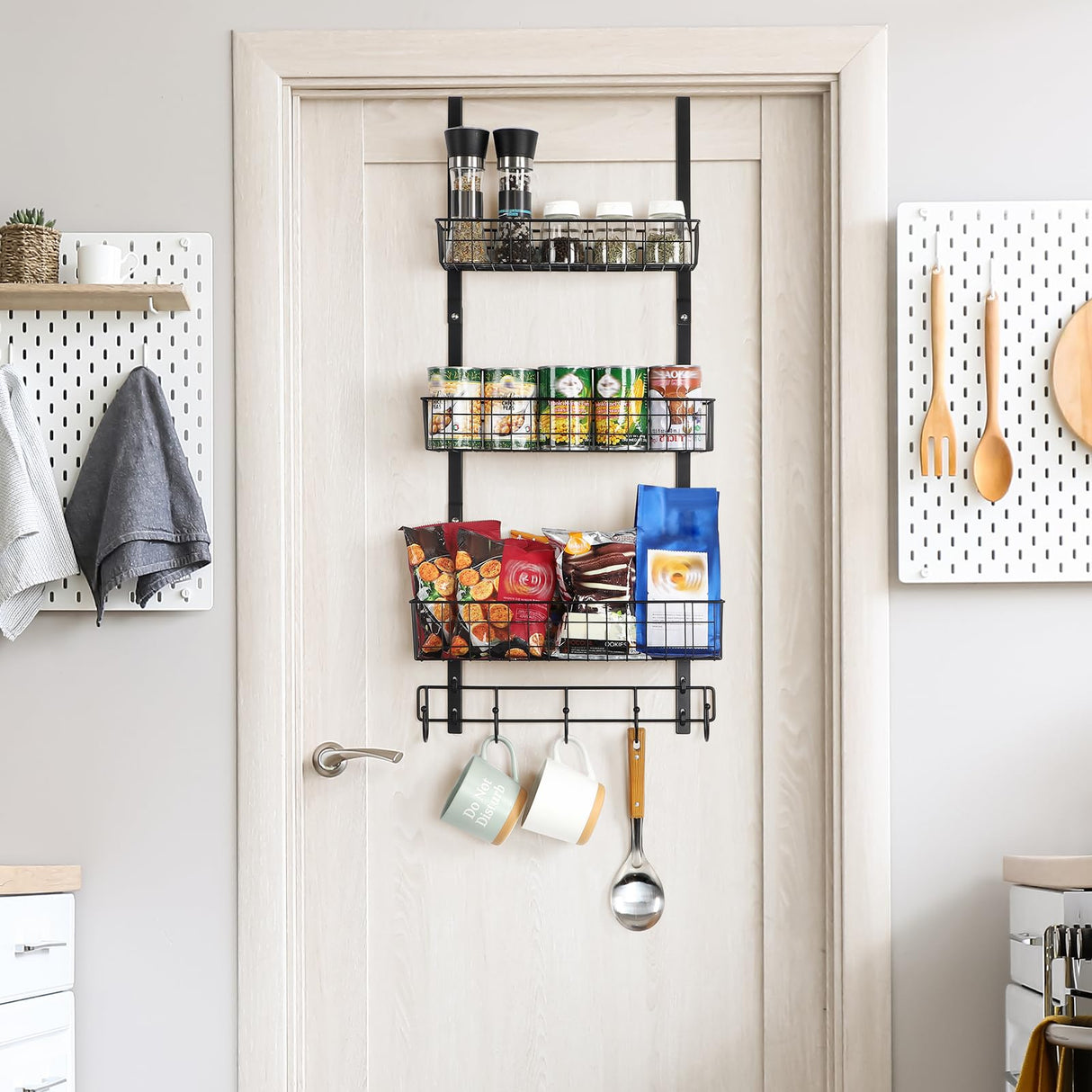 Over the Door Pantry Organizer 3 Tier Hanging Basket Back Door Storage Rack Shelf Metal Over the Door Shelves with 3 Baskets and 5 Hooks for Bathroom Kitchen Pantry Bedroom, Black ETELI